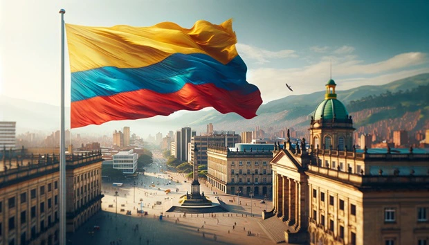 Bandiera colombiana sventolante e Plaza de BolÃ­var a BogotÃ , capitale della Colombia