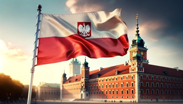 Bandiera polacca sventolante davanti al Castello Reale di Varsavia, la capitale della Polonia