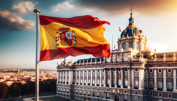 Bandiera della Spagna sventolante e Palazzo Reale nella capitale Madrid