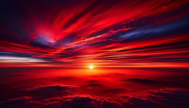 cielo al tramonto o alba, con sfumature di rosso e arancione dovute alla dispersione di Rayleigh