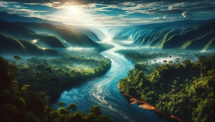 Vista panoramica del fiume Congo, il fiume più profondo del mondo, circondato da una densa foresta pluviale