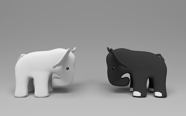 Elefanti giocattolo colorati di bianco e nero. Quiz Luce.