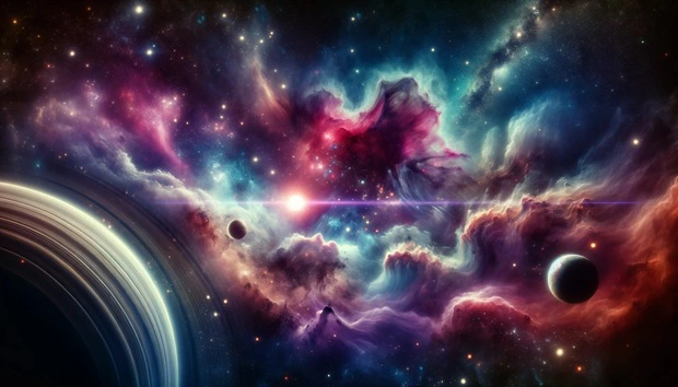 Nuvole di gas colorate nello spazio con stelle e pianeti