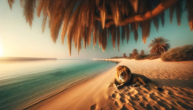 Leone maestoso riposa sulla spiaggia di un golfo tranquillo