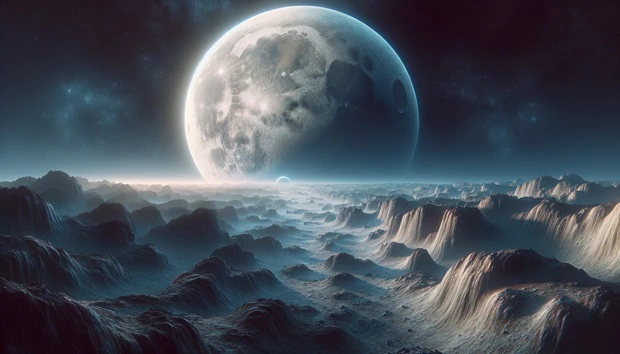 Grande e luminosa luna che domina il cielo su un paesaggio roccioso alieno