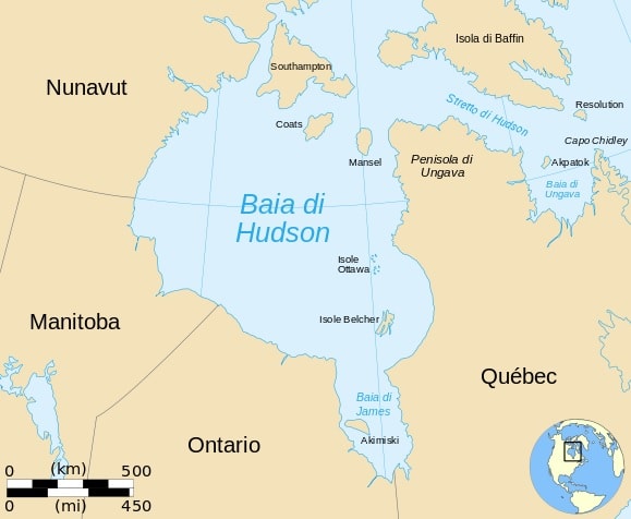Mappa che illustra la posizione della Baia di Hudson e una parte del Mar Glaciale Artico.
