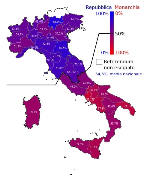Mappa con le percentuali a sostegno della Repubblica al referendum istituzionale. Quiz Festa della Repubblica.