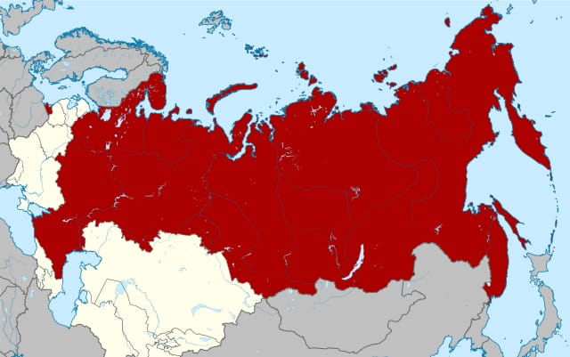 Mappa dell'Unione Sovietica con il territorio russo evidenziato in rosso (1956-1991).