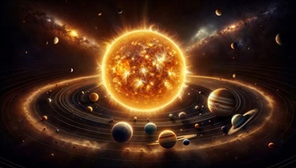 Sistema solare che evidenzia la massa del sole, con pianeti e corpi celesti