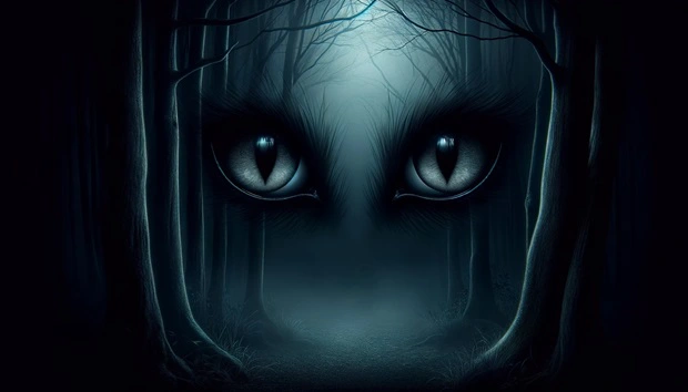 Due grandi occhi che spiano da una foresta oscura