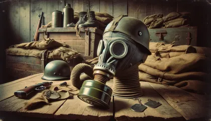 Maschera antigas della Prima Guerra Mondiale su una superficie rustica con altri manufatti militari