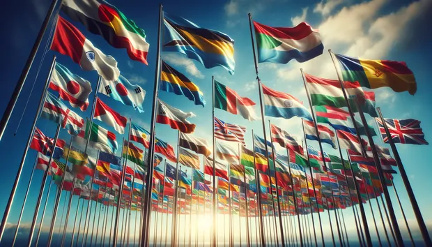 Bandiere di nazioni che sventolano insieme simboleggiando gli alleati della Triplice Intesa