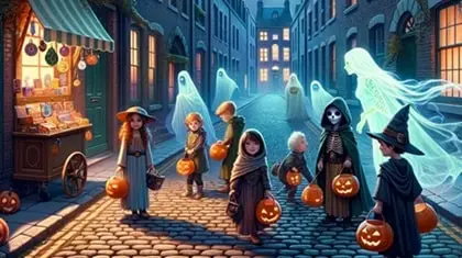 Un gruppo di bambini in costume e fantasmi in un vicolo sereno durante la notte di Halloween.