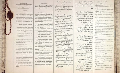 Le prime due pagine del Trattato di pace Brest-Litovsk tra Russia sovietica e Triplice alleanza, marzo 1918.