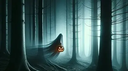 Stingy Jack che vaga in una foresta oscura per l'eternita, con in mano una laterna di halloween.