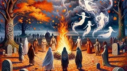 Origine Halloween con sfondo autunnale, fuoco cerimoniale, figure danzanti, spiriti che emergono e simboli celtici.