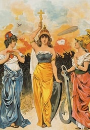 Poster russo della prima guerra mondiale rappresentante la Triplice intesa: Francia, Russia e Gran Bretagna.