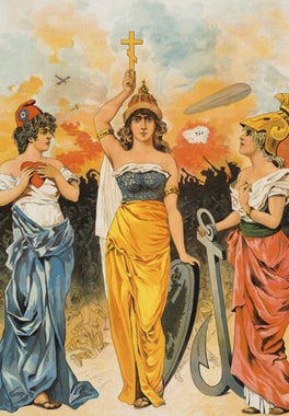 Poster russo della prima guerra mondiale rappresentante la Triplice intesa: Francia, Russia e Gran Bretagna.