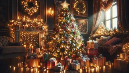 Albero di Natale festivamente decorato in una stanza con luci e regali.