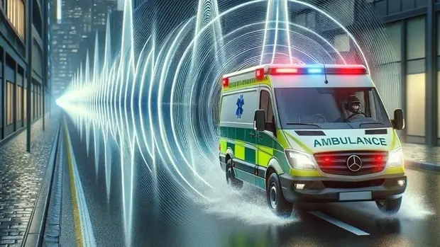 Effetto Doppler rappresentato da cerchi che simulano onde sonore emanate da un'ambulanza che sfreccia lungo la strada.