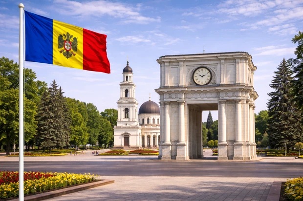 Arco di Trionfo di Chișinău con la Cattedrale della Natività sullo sfondo, capitale della Moldavia