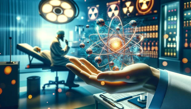 Simboleggia l'astato e le sue applicazioni nella medicina nucleare, con rappresentazioni della radioattivitÃ 