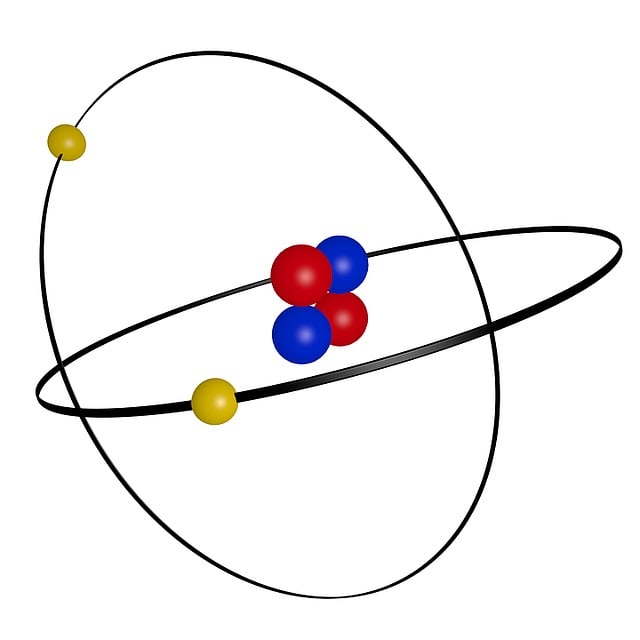 Struttura chimica di un atomo di elio in 3D, protoni, elettroni, neutroni.