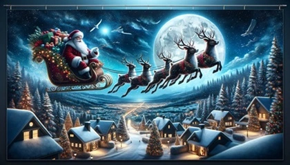 Babbo Natale e renne volano sopra un villaggio innevato sotto la luce della luna e stelle nella notte di Natale.