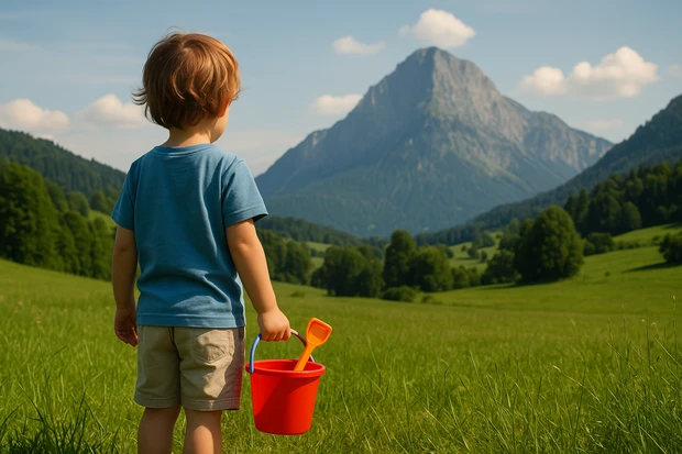 Bambino con secchiello da spiaggia in mano osserva una vallata verde circondata da montagne, in un paesaggio senza mare.