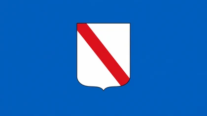 Bandiera della Regione Campania con stemma bianco e fascia diagonale rossa su sfondo azzurro