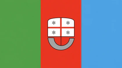 Bandiera della Regione Liguria con stemma centrale e bande verticali verde, rossa e azzurro mare