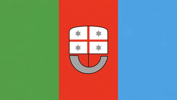 Bandiera della Regione Liguria con stemma centrale e bande verticali verde, rossa e azzurro mare