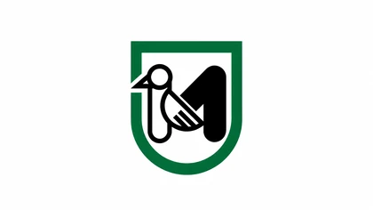 Bandiera della Regione Marche con picchio stilizzato e lettera M