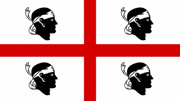 Bandiera della Regione Sardegna con croce rossa e quattro mori su sfondo bianco