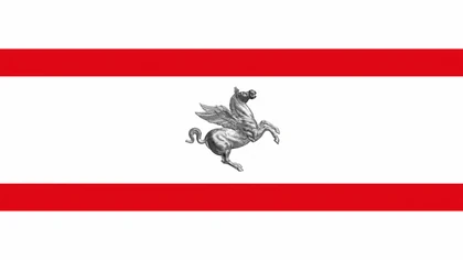 Bandiera della Regione Toscana con Pegaso rosso su sfondo bianco e due bande rosse