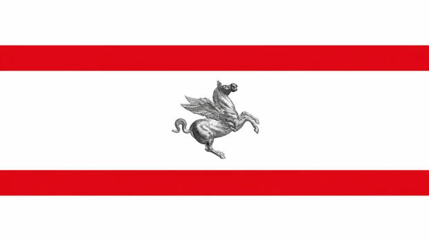 Bandiera della Regione Toscana con Pegaso rosso su sfondo bianco e due bande rosse
