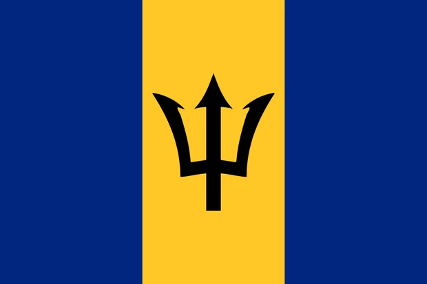 Bandiera delle Barbados con tre bande verticali blu, gialla e blu e un tridente nero al centro