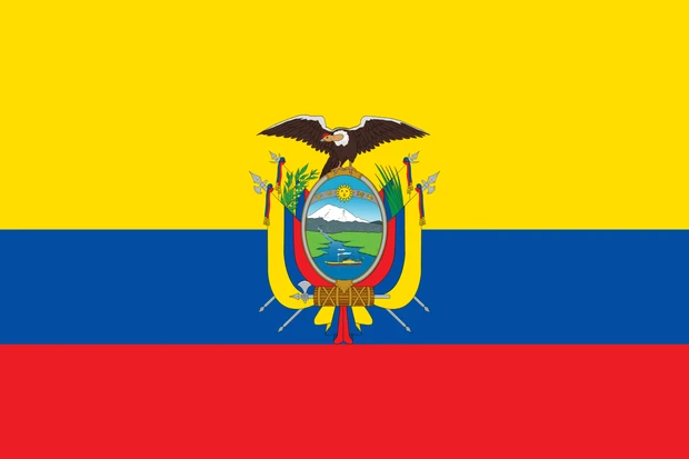 Bandiera dell’Ecuador con tre bande orizzontali gialla, blu e rossa e lo stemma nazionale al centro
