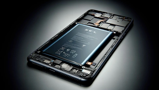 Interno di uno smartphone con batteria al litio, l'elemento metallico più leggero al mondo