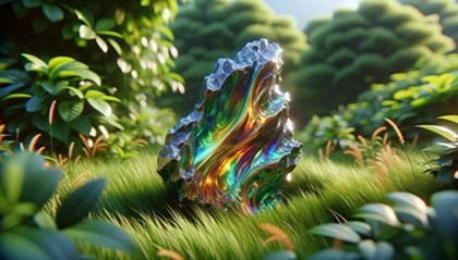 Pezzo iridescente di bismuto metallo su erba verde sotto la luce del sole