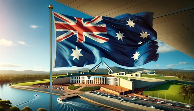 Bandiera dell'Australia sventolante e Parlamento nella capitale Canberra