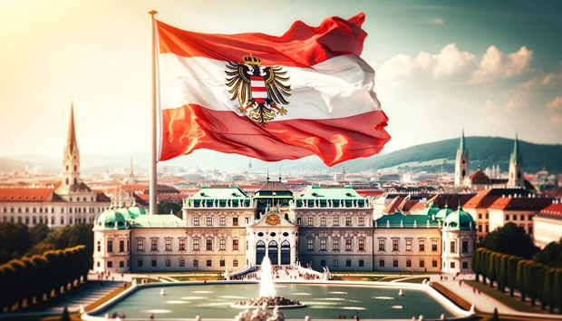 Bandiera dell'Austria sventolante davanti al Palazzo Belvedere nella capitale Vienna