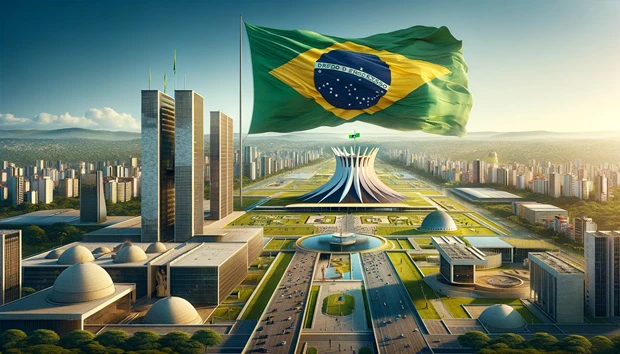 Bandiera del Brasile sventolante e panorama di Brasilia, la capitale