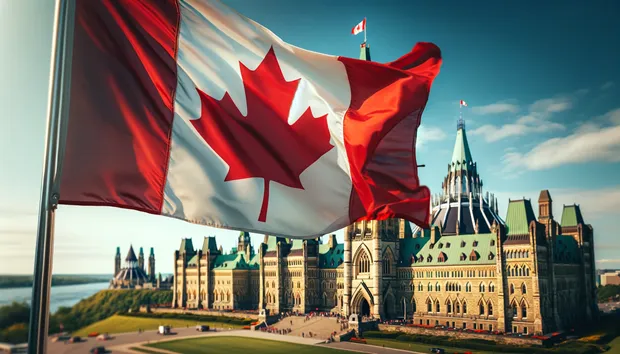 bandiera canadese ondeggiante davanti al parlamento a Ottawa, la capitale del Canada