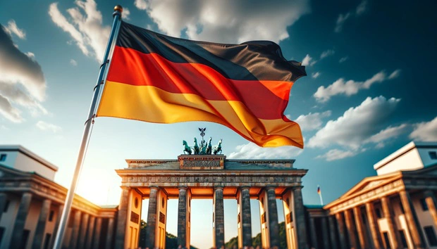 Bandiera della Germania sventolante davanti alla Porta di Brandeburgo a Berlino, la capitale