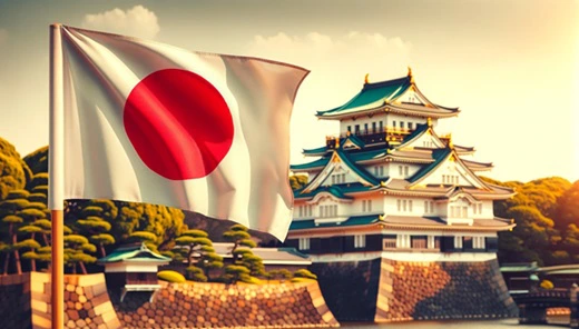 Bandiera del Giappone sventolante e Palazzo Imperiale nella capitale Tokyo