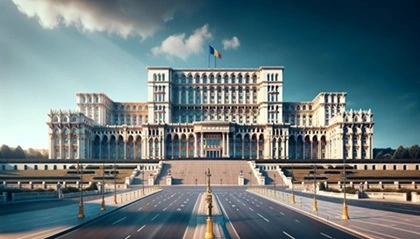Palazzo del Parlamento di Bucarest con bandiera, uno dei simboli della capitale della Romania