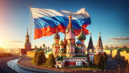 Bandiera della Russia sventolante e Cattedrale di San Basilio nella capitale Mosca