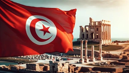 Bandiera Tunisia sventolante e rovine di Cartagine a Tunisi, la capitale
