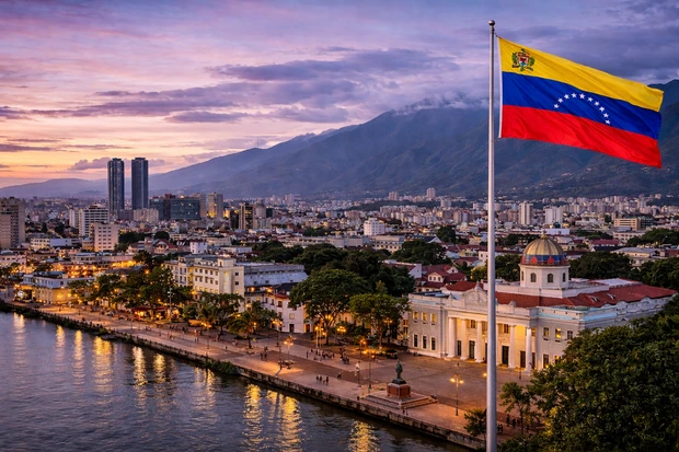 Caracas, capitale del Venezuela, con la bandiera nazionale e panorama della città.